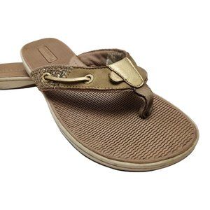 Sperry Womens Sz 7.5 M Thong Sandal Slip on Tan / Gold Trim